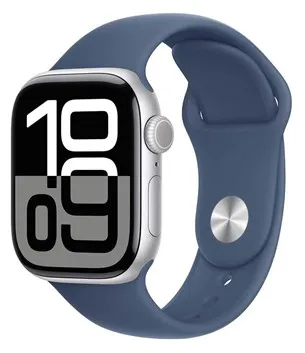 Apple Watch Series 10 GPS 42mm - Stříbrné hliníkové pouzdro s denimovým sportovním páskem - S/M