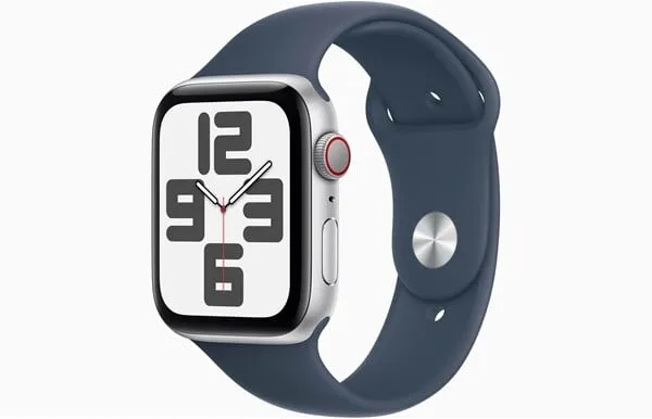 Apple Watch SE GPS + Cellular 44mm - Stříbrné hliníkové pouzdro se sportovním řemínkem Storm Blue - S/M