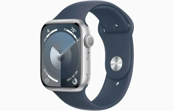 Apple Watch Series 9 GPS 45mm - Stříbrné hliníkové pouzdro se sportovním řemínkem Storm Blue - M/L